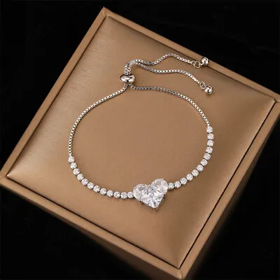 Women 925 Silver Crystal Heart Bracelet Bangle Cubic Zircon Wedding Jewelry Gift • £5.32