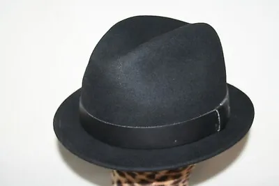 Vintage Stingy Brim Gangster Fedora Deep Black Felt Hat Pinch Front Gentlemans • $35