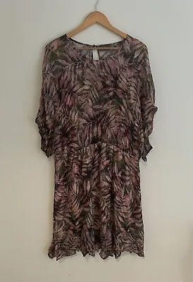 $25 • Buy Sussan Pink & Black Leaf Print Women’s Size 18 Ruffle Blouson Dress Relaxed Fit