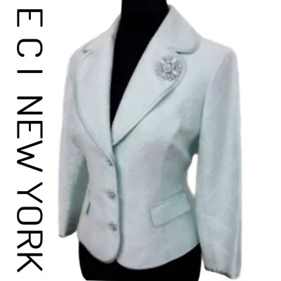 New ECI New York Womens Blue Blazer Rhinestone/Jewel Broach Jacket Size 10P NWT • $69