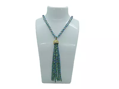Mermaid Blue Faceted Crystal Pearl Rondelle Y Tassel Long Necklace 40 Adjustable • $9.97