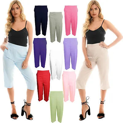 Ladies Womens Elasticated Waist Three Quarter 3/4 Capri Cropped Summers Trousers • £8.99