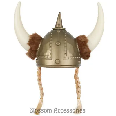 A825 Plastic Long Viking Hat With Plaits Helmet Norse Horns Costume Accessory • $12.36