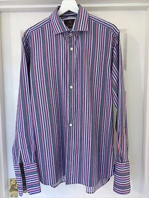 Mens M&S SARTORIAL Size 16” Purple/navy/red Striped Cotton Double Cuff Shirt • £6.50