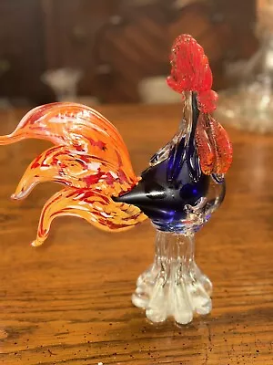 Vintage Murano Art Glass Large Rooster: Orange Blue Yellow & Teal Italy • $40