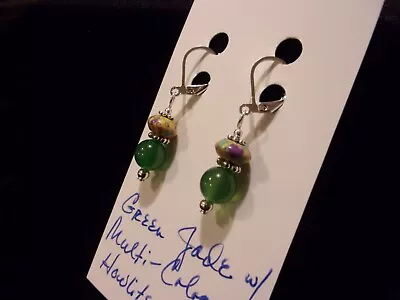 925 Natural Green Jade W/ Multi-Colored Howlite Leverback Earrings • $13