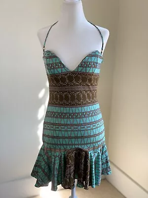 Mara Hoffman Silk Ruffle Halter Mini Dress Sz S Blue Metallic Chainlink Mobwife • $79.95