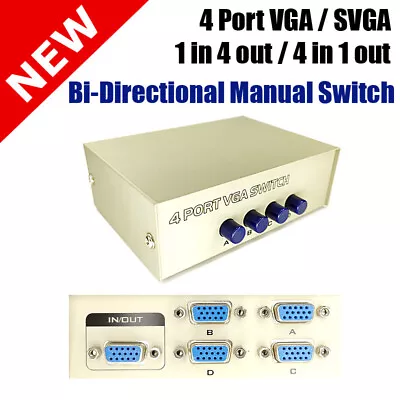 4 Port VGA Manual Switch Bi-Directional 1 To 4 For Monitor PC CCTV TV Sharing • $11.99