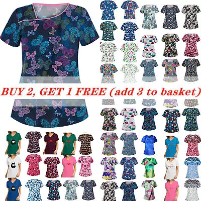 $18.89 • Buy Womens Short Sleeve T-Shirt Printed Medical Uniform Nursing Scrub Pocket Tops AU