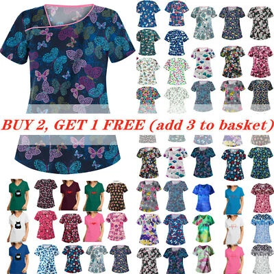 $18.89 • Buy Womens Short Sleeve T-Shirt Printed Medical Uniform Nursing Scrub Pocket Tops AU