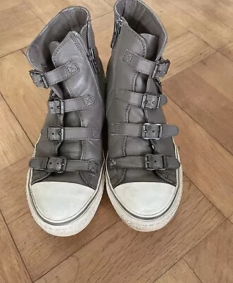 £60 • Buy Ash Grey Virgin Buckle Leather Trainers Hi Top Sneaker Boots Pumps 37.38 Size 5