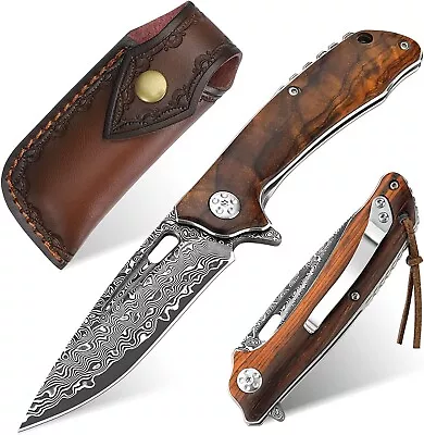 VG10 Damascus Rose Wood Handle Knife Folding Pocket Camping Outdoors VP37 • $89.99