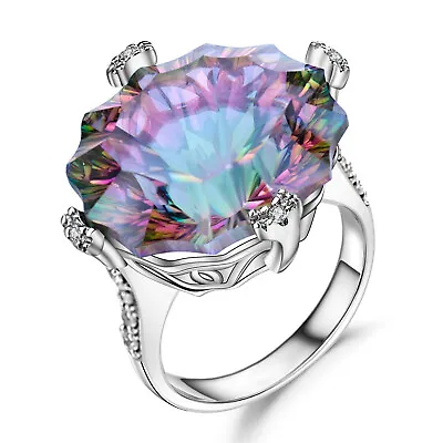 Natural 24.21Ct Rainbow Mystic Quartz Solid 925 Sterling Silver Cocktail Ring • $58.39