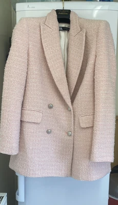 $36.38 • Buy ZARA TEXTURED DOUBLE-BREASTED BLAZER PINK Size L Vgc