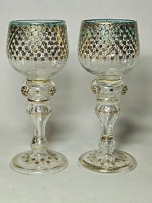 Pair Of Moser Blue Shaded & Gilt Enamel Wine Glasses Circa 1900 • $195