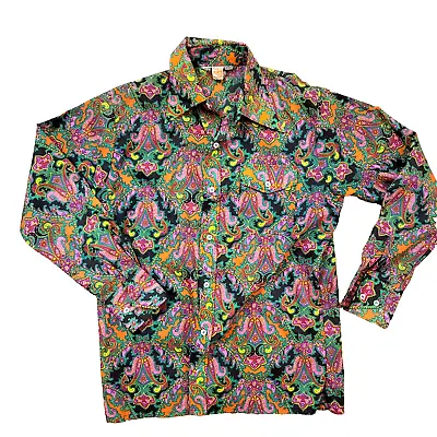 Vintage 60s Paisley Psychedelic Bell Sleeve Mod Long Sleeve Hippie Shirt Mens M • $49.99