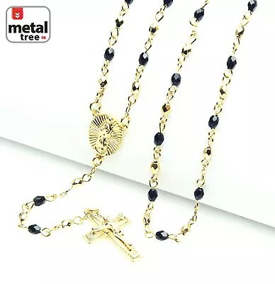 14k Gold Plated 4mm Bead Guadalupe & Jesus Cross 25  Rosary Necklace HR 700 GGBK • $5.99