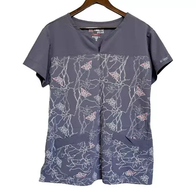 Grey's Anatomy Scrub Top Women's XL Gray Butterfly Flower Notch V Medical Nurse • $14.95