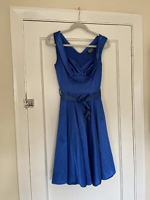 50s Style Blue Satin Swing Dress Hearts & Roses Wedding Prom Rockabilly Pin-up 6 • £17.99