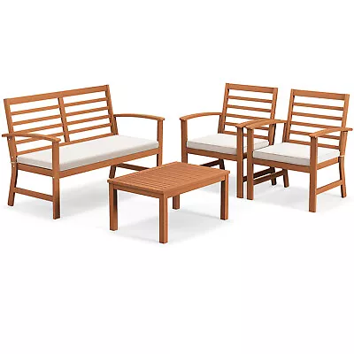 4 Pieces Outdoor Furniture Set W/ Soft Seat Cushions Stable Acacia Wood Frame • $229.99