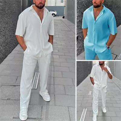 Mens Summer Outfit 2-Piece Set Short Sleeve Button Shirts And Pants Sweatsuit • $16.32