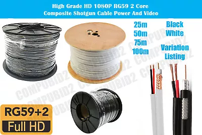 £16.99 • Buy RG59 +2 Shotgun 2 Core CCTV Video Power Cable Reel Black White DVR Video Coax UK