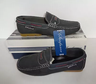 Mens Leather Casual Navy Slip On Shoes Boat Deck Moccasin Trainers UK Size 7 • £26.98