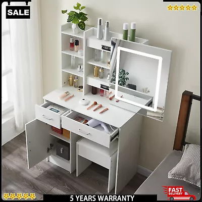 Vanity Dresser Desk Stool Set W/ 2 Drawers LED Lighted Mirror Bedroom Organizer • £144.77