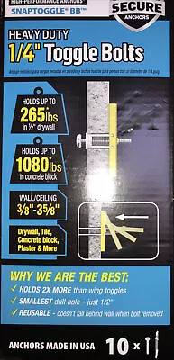 New Hardware Toggler Masonary & Drywall Anchors 1/4” (10) Toggle Bolts • $30