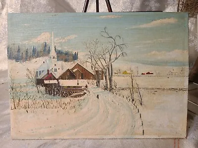 VINTAGE Impressionist New England Winter Landscape Rolling Hills Mountain Town • $199