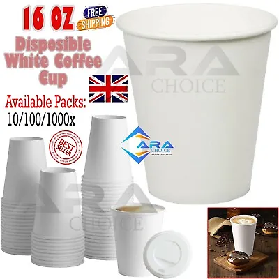 16oz Disposable Plain White Hot & Drink Coffee Paper Cup & Sip Lids 10/100/1000x • £254.20