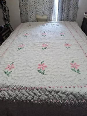 Vintage Pink Flower Green Leaf White Chenille Bedspreads 105   X 90  • $55