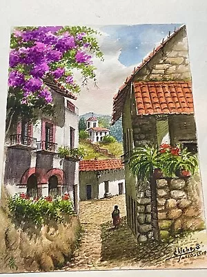 Vintage MCM Taxco Mexico Watercolor Painting Signed Chicho Mexican Village Art • $84.99