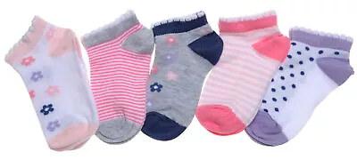 £4.85 • Buy 5 Pairs Of Flowers, Stripes & Spots Baby Girls Trainer Socks 6-12 Months