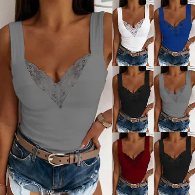 Ladies Plain Camisole Vest Sleeveless Top Lace Trim Neck Slim Cami Tank Strappy • £10.89