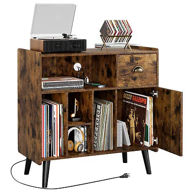 Large Record Player Stand Vinyl Record Storage Table Power Outlet Display Shelf • $147.99