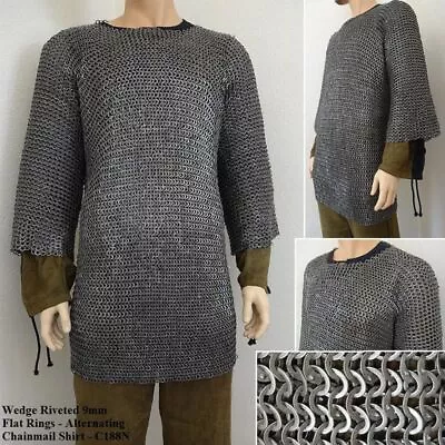 3/4 Sleeve Chainmail Shirt Flat Alternating Wedge Riveted Rings Re-enactment (L) • £245