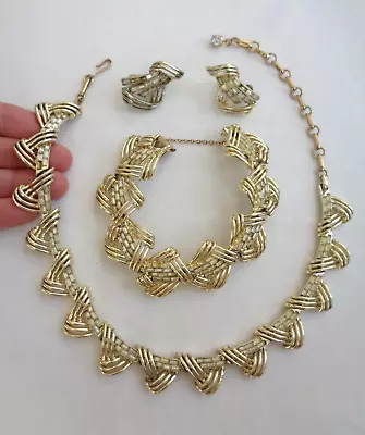 Vintage CORO Gold Tone Rhinestone Necklace Bracelet Clip Earring Set • $14.99