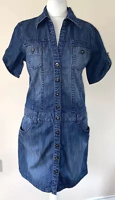 Women's Denim Dress Size 8 Military Shirt Dress Short Length Vintage • £16