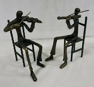 2 Brutalist Brass Metal Art Sculpture Band Musicians Violin Bookends India Vtg • $54.99