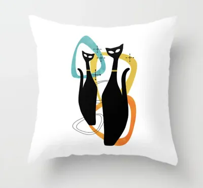 Mid Century Atomic Black Twin Two Cats Society 6 Art Throw Pillow 18” X 18” • $15