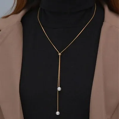 Women's Imitation Pearl Necklace Adjustable Long Sweater Chain Fashion Jewelry • $1.29