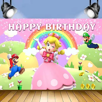 Super Mario Party Backdrops Banner Girls Birthday Party Supplies Princess Peach • $49.49