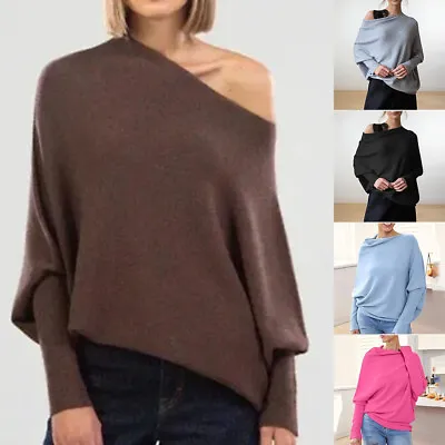 Ladies Off The Shoulder Knitted Jumper Women Baggy Sweater Batwing Sleeve • £22.18