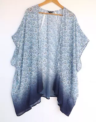 City Chic Kimono S Womens Sheer Cover Up Blue White Pink Back Cut Outs Plus Sz • $15.99