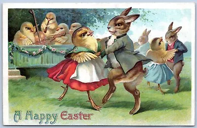 Postcard Happy Easter Anthropomorphic Chicks Rabbits Bunnies Dancing HE10 • $6.99