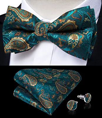 Mens Pre Bow Ties Paisley Self Bowtie Green Floral Adjustable Formal Wedding 3PC • $10.39