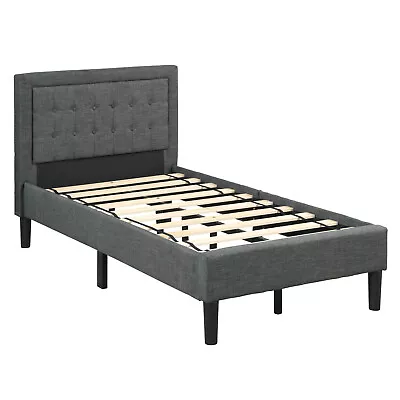 Button Tufted Headboard Mattress Foundation Twin Size Upholstered Bed Frame Grey • $159.99