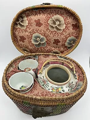 Vintage Chinese Tea Set With Padded Wicker Basket - 6 Cups - No Lid For Teapot • $65.99