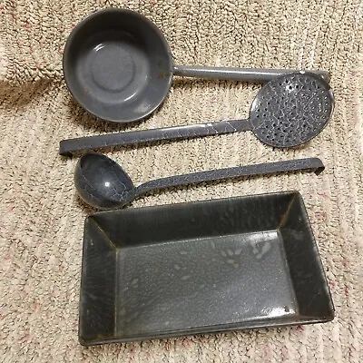 Vintage Lot Graniteware Gray Agate Ladle Slotted Spoon Pot Loaf Pan Enamelware • $32